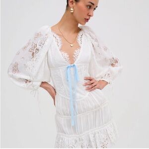 For Love and Lemons Ellis Dress- White Lace Dress with Blue Accents